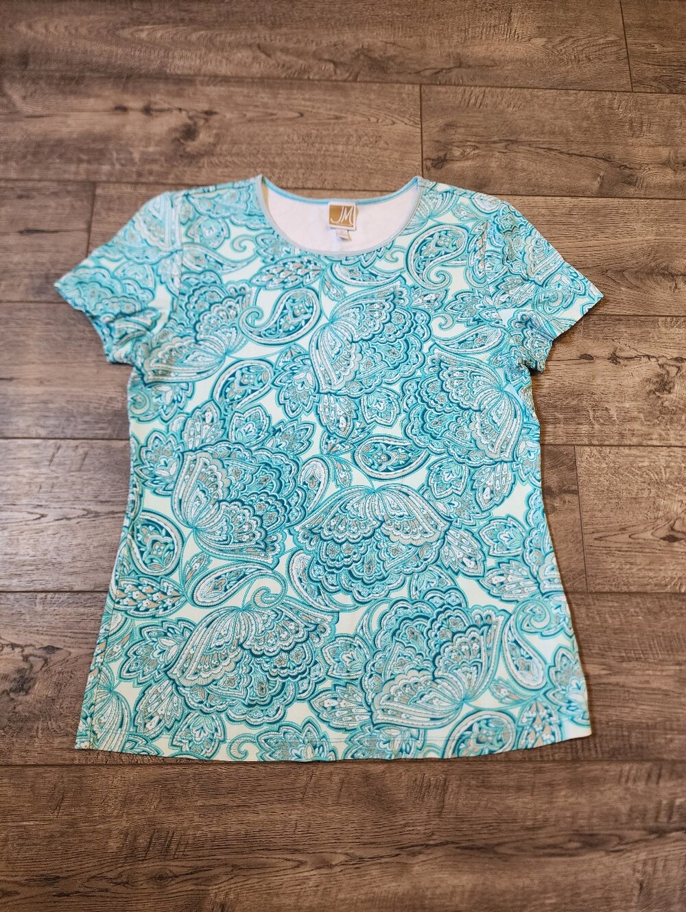 JM Collection Womens Size M Turquoise White Paisley Print Short Sleeve Blouse